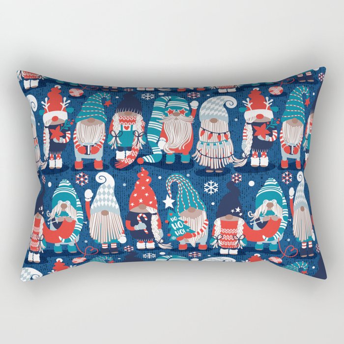 Let it gnome // blue background little Santa's helpers preparing for Christmas neon red classic oxford and pastel blue dressed gnomes Rectangular Pillow Gallery Image 1