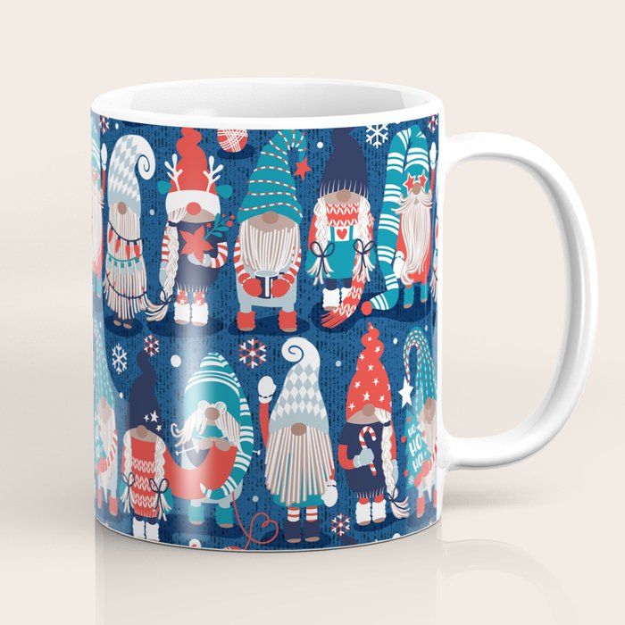 Let it gnome // blue background little Santa's helpers preparing for Christmas neon red classic oxford and pastel blue dressed gnomes Coffee Mug Gallery Image 1