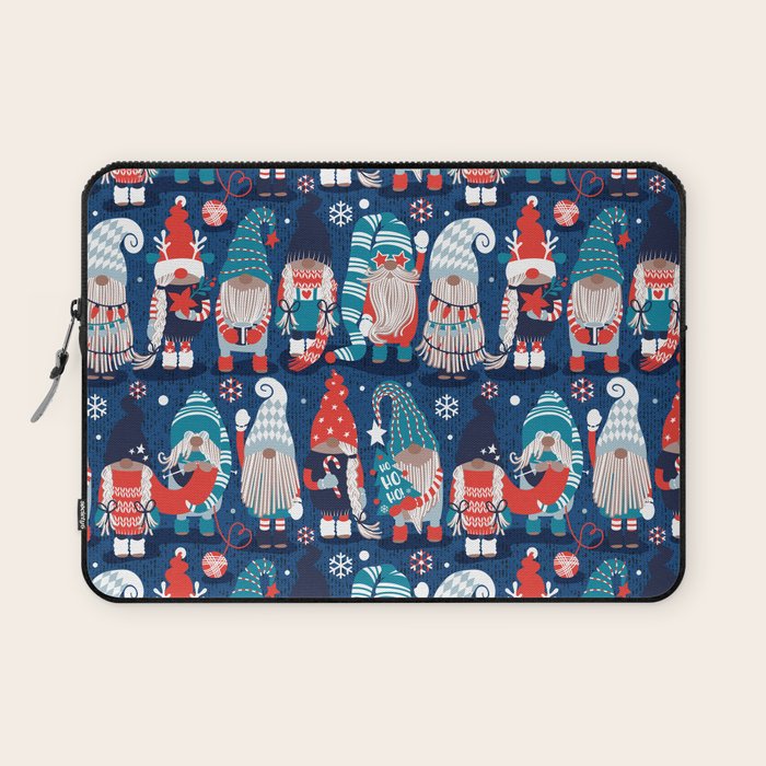 Let it gnome // blue background little Santa's helpers preparing for Christmas neon red classic oxford and pastel blue dressed gnomes Laptop Sleeve Gallery Image 1