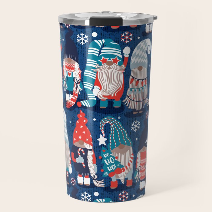 Let it gnome // blue background little Santa's helpers preparing for Christmas neon red classic oxford and pastel blue dressed gnomes Travel Mug Gallery Image 1