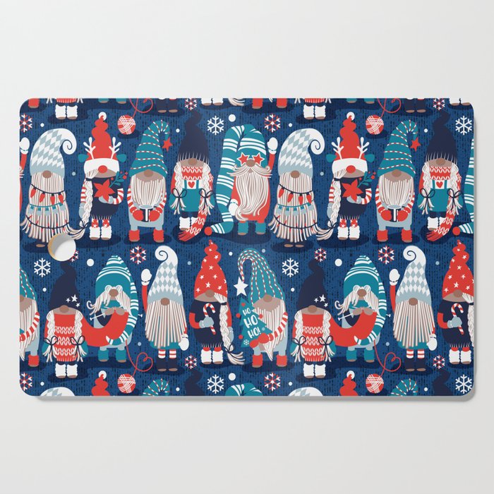 Let it gnome // blue background little Santa's helpers preparing for Christmas neon red classic oxford and pastel blue dressed gnomes Cutting Board Gallery Image 1