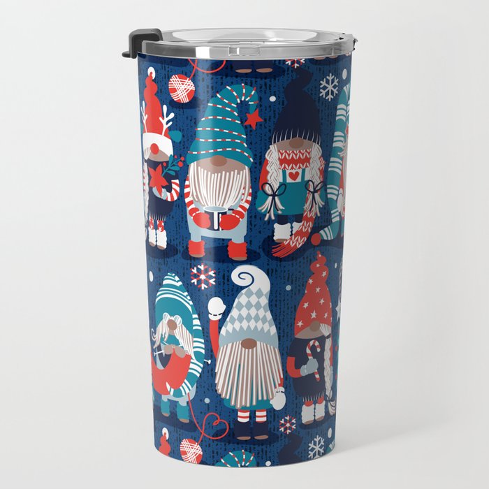Let it gnome // blue background little Santa's helpers preparing for Christmas neon red classic oxford and pastel blue dressed gnomes Travel Mug Gallery Image 3