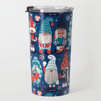 Let it gnome // blue background little Santa's helpers preparing for Christmas neon red classic oxford and pastel blue dressed gnomes Travel Mug Gallery Image 3