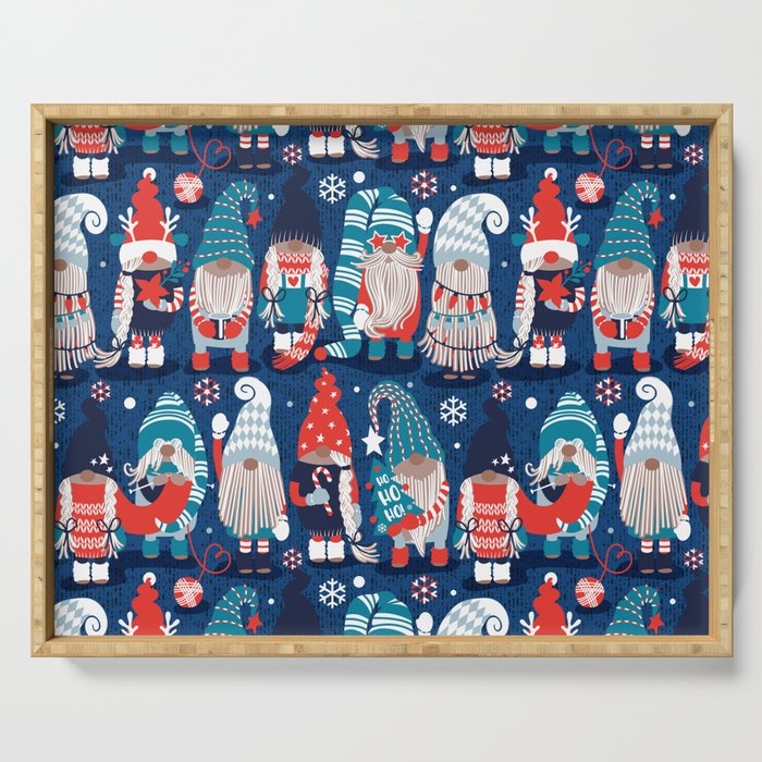 Let it gnome // blue background little Santa's helpers preparing for Christmas neon red classic oxford and pastel blue dressed gnomes Serving Tray Gallery Image 1