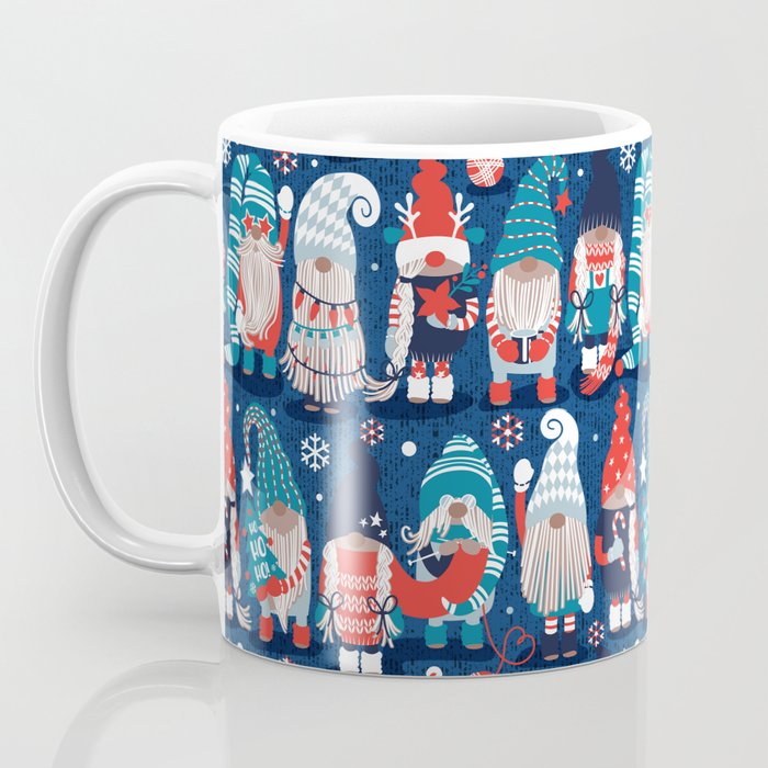 Let it gnome // blue background little Santa's helpers preparing for Christmas neon red classic oxford and pastel blue dressed gnomes Coffee Mug Gallery Image 3