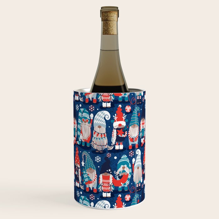 Let it gnome // blue background little Santa's helpers preparing for Christmas neon red classic oxford and pastel blue dressed gnomes Wine Chiller Gallery Image 2