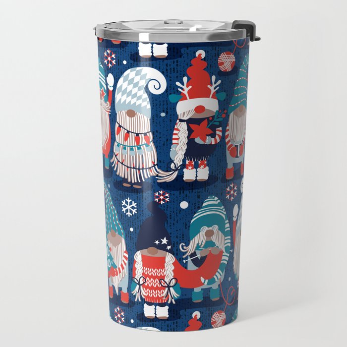 Let it gnome // blue background little Santa's helpers preparing for Christmas neon red classic oxford and pastel blue dressed gnomes Travel Mug Gallery Image 2