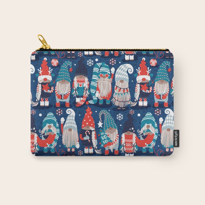 Let it gnome // blue background little Santa's helpers preparing for Christmas neon red classic oxford and pastel blue dressed gnomes Carry All Pouch Gallery Image 1