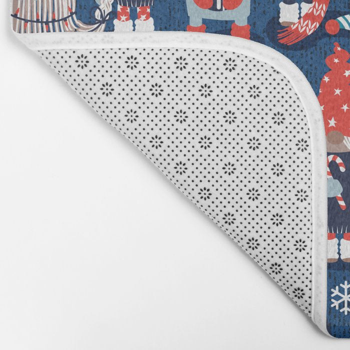 Let it gnome // blue background little Santa's helpers preparing for Christmas neon red classic oxford and pastel blue dressed gnomes Bath Mat Gallery Image 2