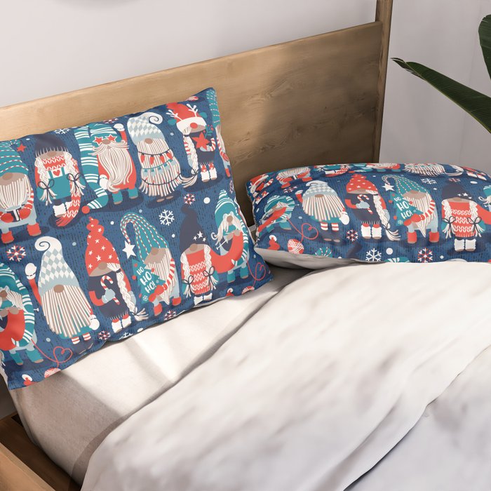 Let it gnome // blue background little Santa's helpers preparing for Christmas neon red classic oxford and pastel blue dressed gnomes Pillow Sham Gallery Image 2