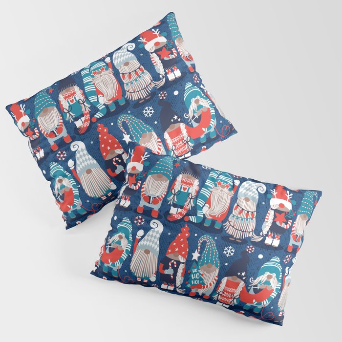 Let it gnome // blue background little Santa's helpers preparing for Christmas neon red classic oxford and pastel blue dressed gnomes Pillow Sham Gallery Image 3