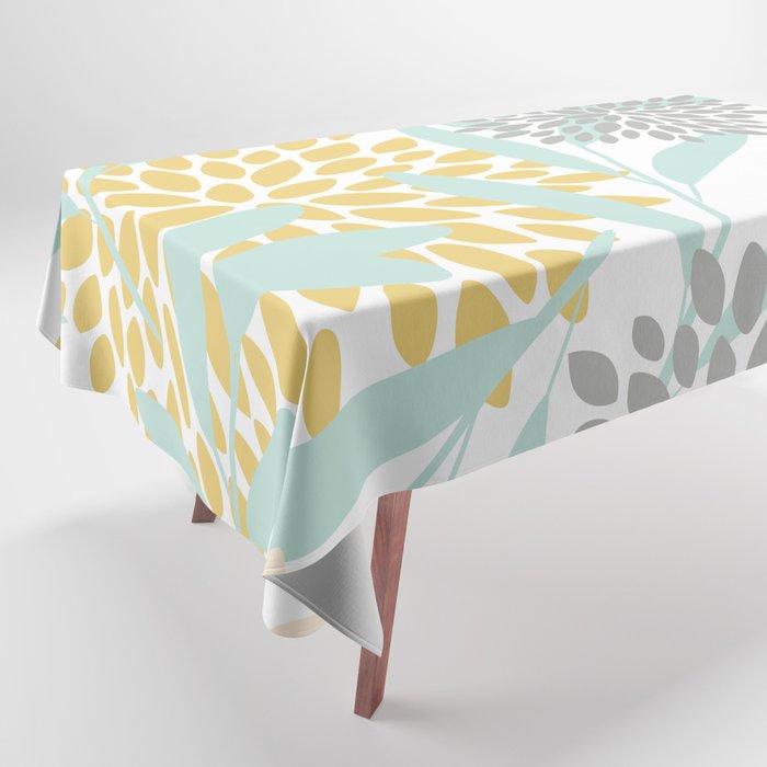 Floral Prints, Leaves and Blooms, Yellow, Gray and Aqua Tablecloth Gallery Image 1