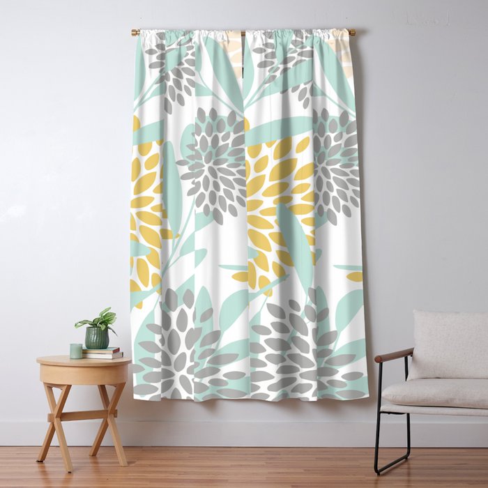 Floral Prints, Leaves and Blooms, Yellow, Gray and Aqua Window Curtain Gallery Image 1
