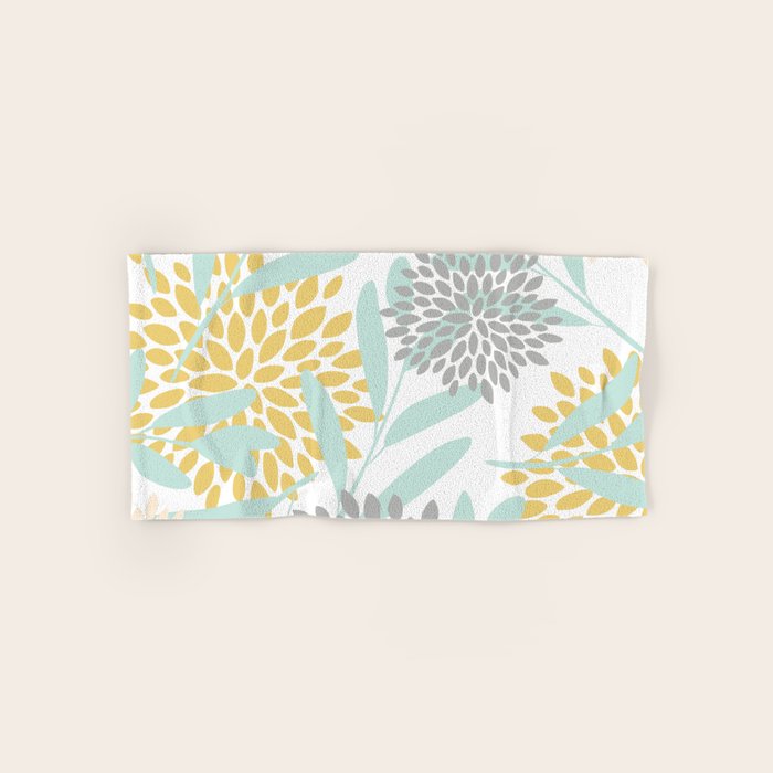 Floral Prints, Leaves and Blooms, Yellow, Gray and Aqua Bath Towel Gallery Image 1