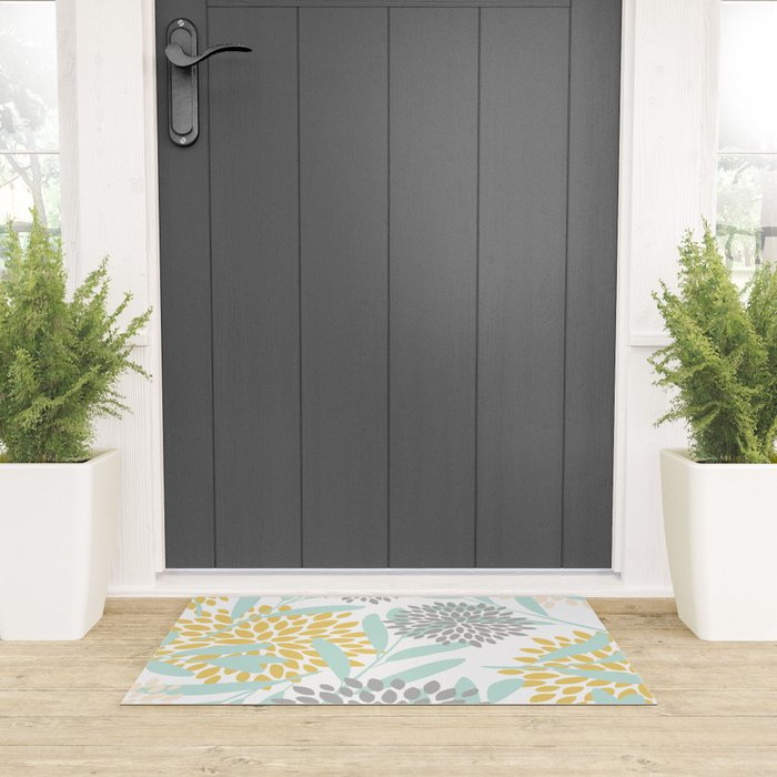 Floral Prints, Leaves and Blooms, Yellow, Gray and Aqua Welcome Mat Gallery Image 3