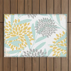 Floral Prints, Leaves and Blooms, Yellow, Gray and Aqua Outdoor Rug Gallery Image 1