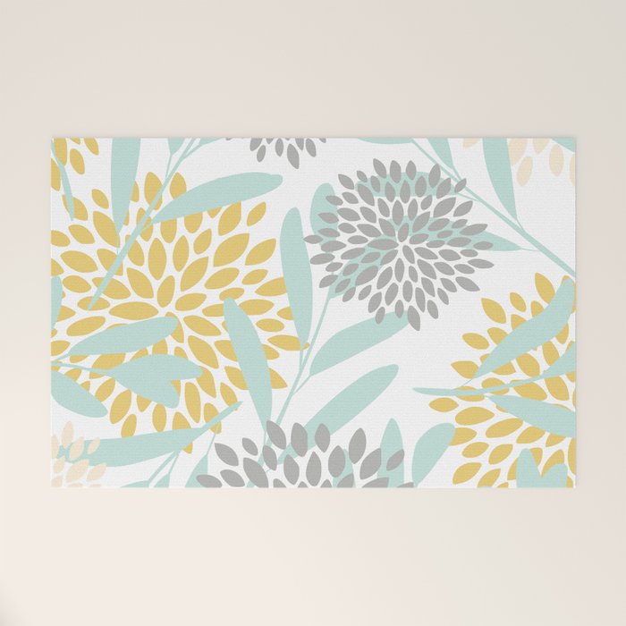 Floral Prints, Leaves and Blooms, Yellow, Gray and Aqua Welcome Mat Gallery Image 1