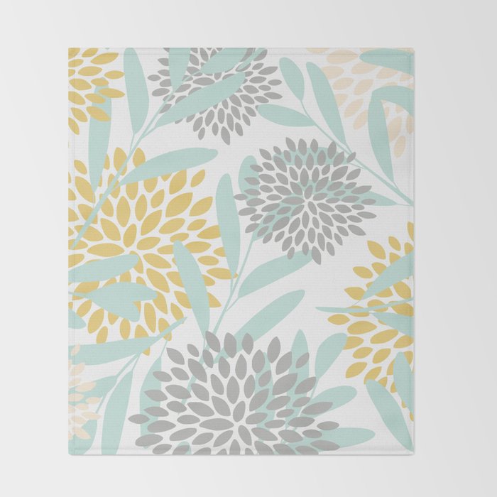 Floral Prints, Leaves and Blooms, Yellow, Gray and Aqua Throw Blanket Gallery Image 2