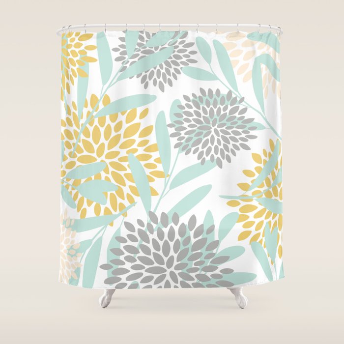 Floral Prints, Leaves and Blooms, Yellow, Gray and Aqua Shower Curtain Gallery Image 1