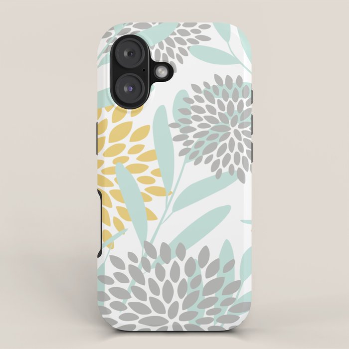Floral Prints, Leaves and Blooms, Yellow, Gray and Aqua iPhone Case Gallery Image 1