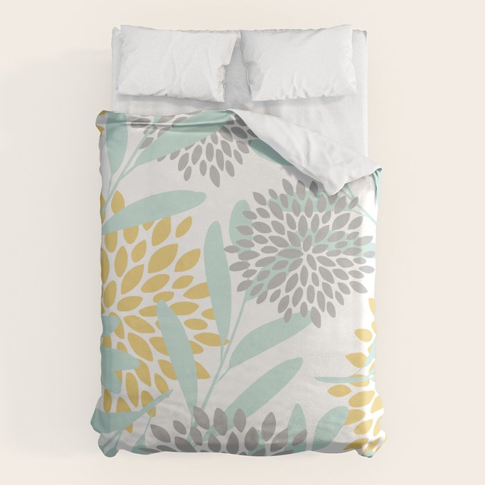 Floral Prints, Leaves and Blooms, Yellow, Gray and Aqua Duvet Cover Gallery Image 1