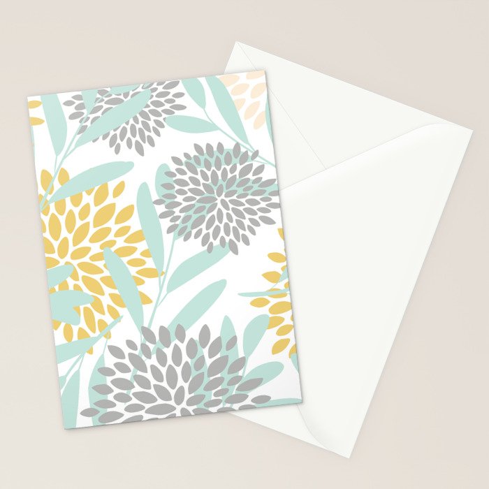 Floral Prints, Leaves and Blooms, Yellow, Gray and Aqua Stationery Card Gallery Image 2