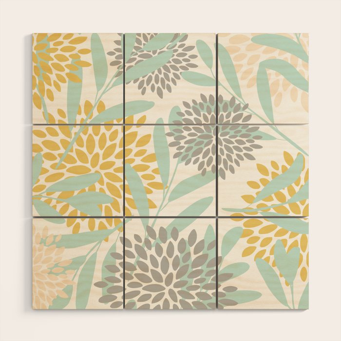 Floral Prints, Leaves and Blooms, Yellow, Gray and Aqua Wood Wall Art Gallery Image 1