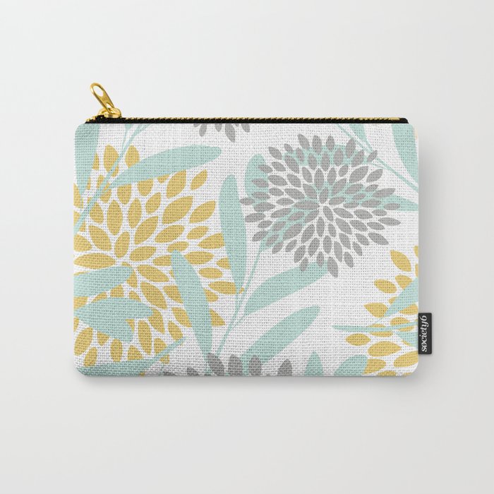 Floral Prints, Leaves and Blooms, Yellow, Gray and Aqua Carry All Pouch Gallery Image 1