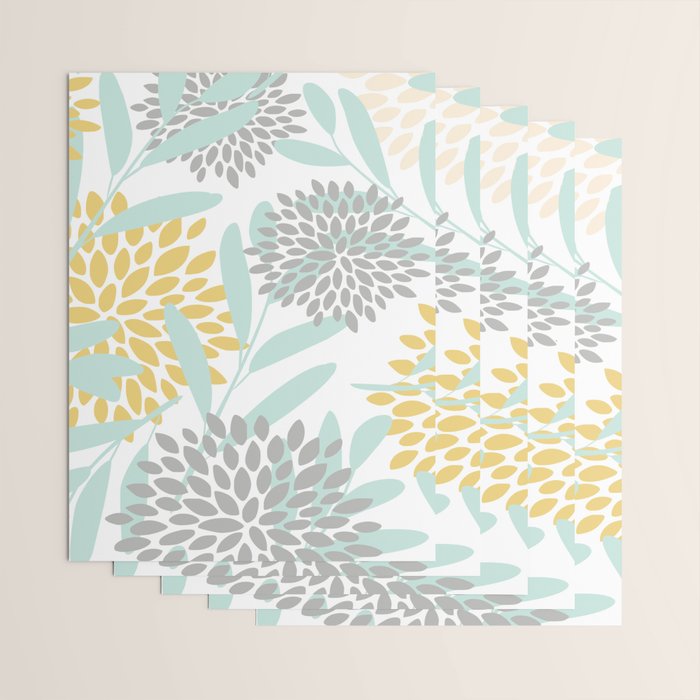 Floral Prints, Leaves and Blooms, Yellow, Gray and Aqua Wrapping Paper Gallery Image 3