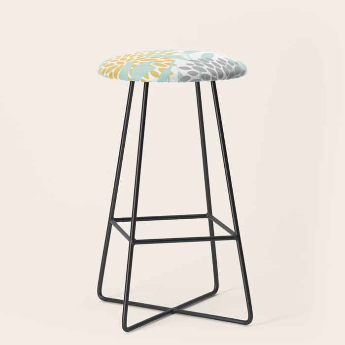 Floral Prints, Leaves and Blooms, Yellow, Gray and Aqua Stool Gallery Image 1