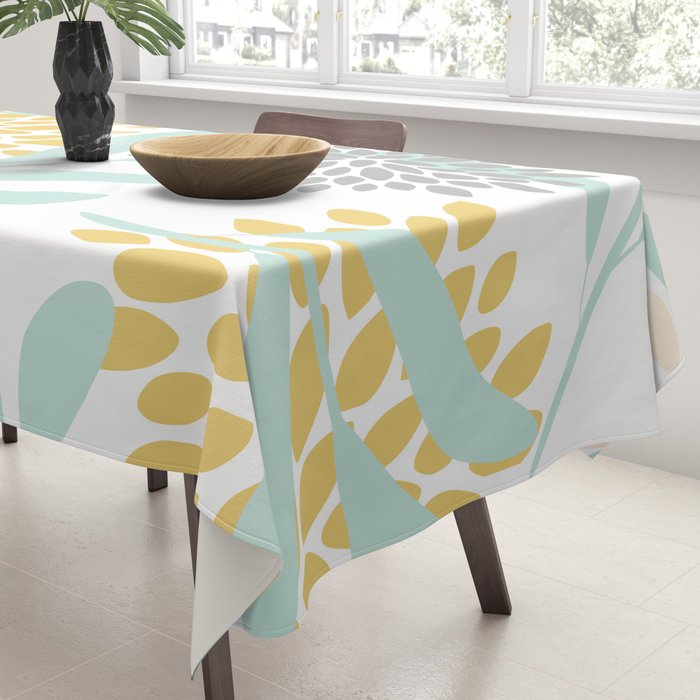 Floral Prints, Leaves and Blooms, Yellow, Gray and Aqua Tablecloth Gallery Image 3