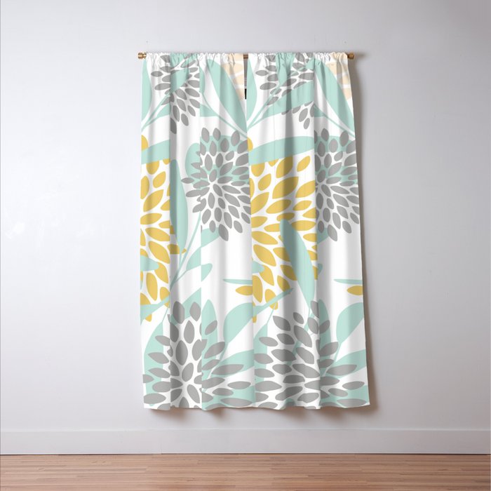 Floral Prints, Leaves and Blooms, Yellow, Gray and Aqua Window Curtain Gallery Image 3
