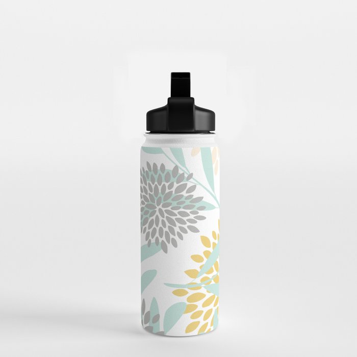 Floral Prints, Leaves and Blooms, Yellow, Gray and Aqua Water Bottle Gallery Image 2