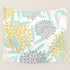 Floral Prints, Leaves and Blooms, Yellow, Gray and Aqua Wall Tapestry Gallery Image 4
