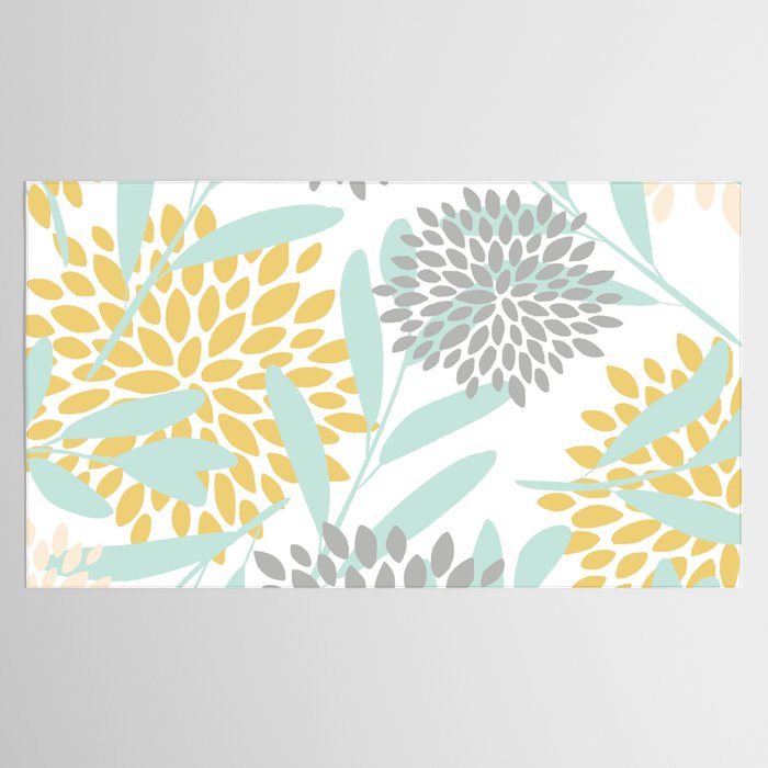 Floral Prints, Leaves and Blooms, Yellow, Gray and Aqua Tablecloth Gallery Image 2