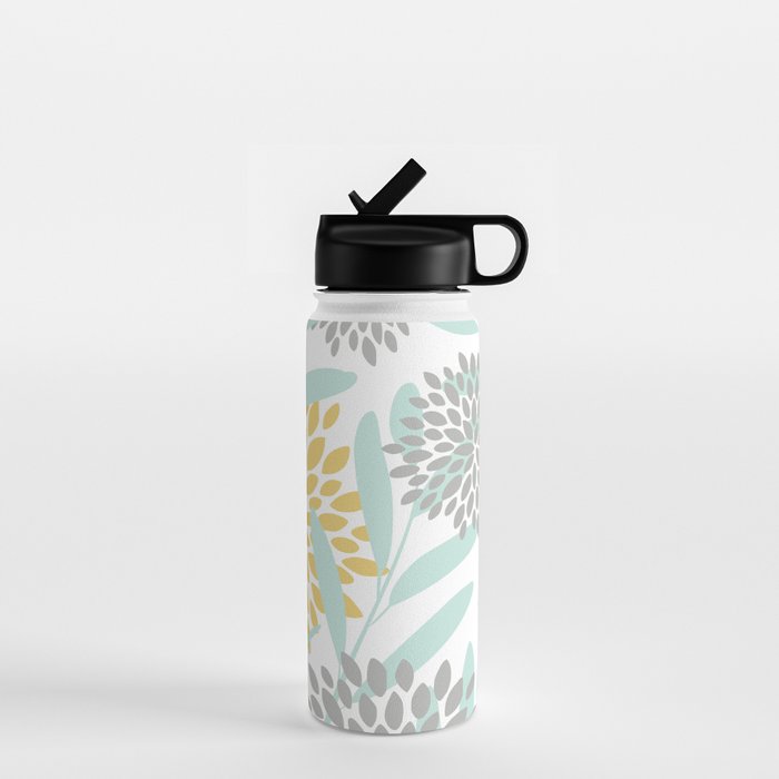 Floral Prints, Leaves and Blooms, Yellow, Gray and Aqua Water Bottle Gallery Image 1
