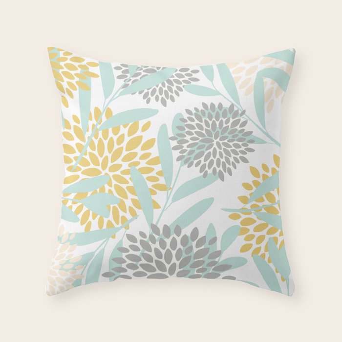 Floral Prints, Leaves and Blooms, Yellow, Gray and Aqua Throw Pillow Gallery Image 6