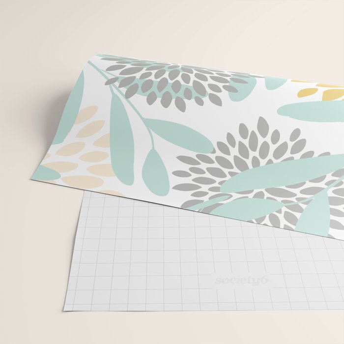 Floral Prints, Leaves and Blooms, Yellow, Gray and Aqua Wrapping Paper Gallery Image 2