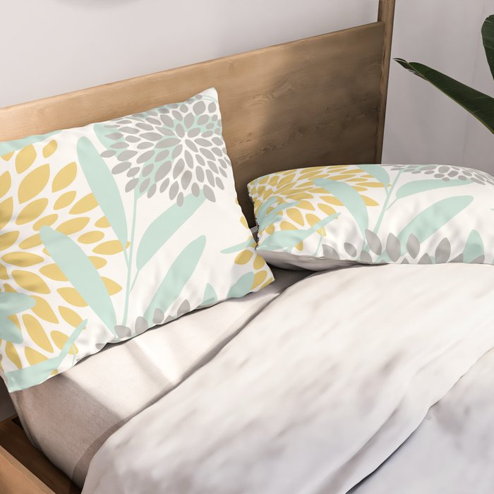 Floral Prints, Leaves and Blooms, Yellow, Gray and Aqua Pillow Sham Gallery Image 2