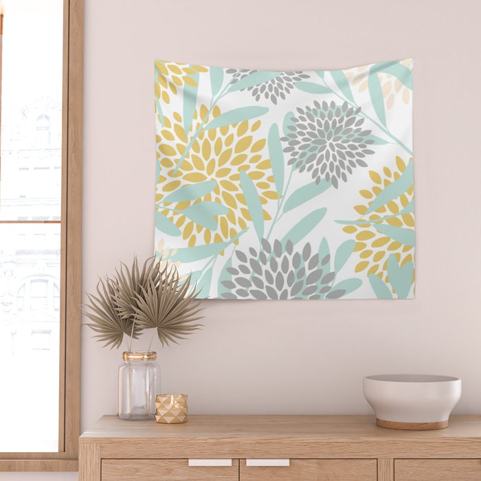 Floral Prints, Leaves and Blooms, Yellow, Gray and Aqua Wall Tapestry Gallery Image 2