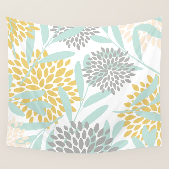 Floral Prints, Leaves and Blooms, Yellow, Gray and Aqua Wall Tapestry Gallery Image 1