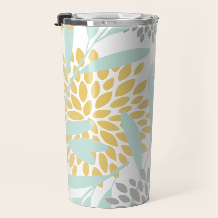 Floral Prints, Leaves and Blooms, Yellow, Gray and Aqua Travel Mug Gallery Image 3