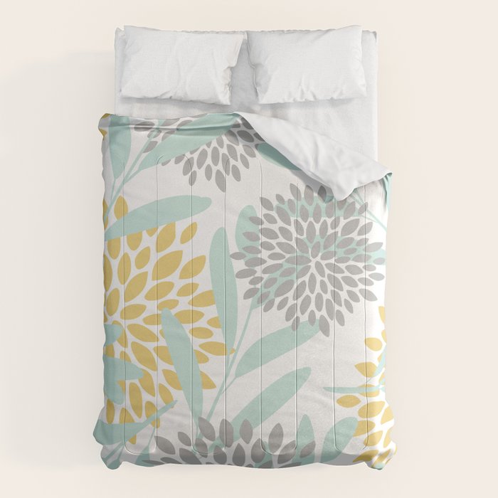 Floral Prints, Leaves and Blooms, Yellow, Gray and Aqua Comforter Gallery Image 6