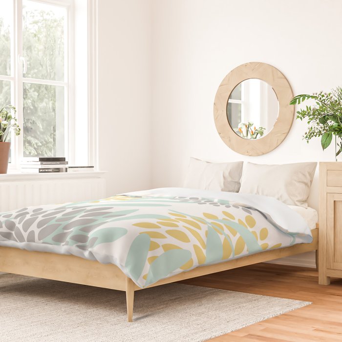 Floral Prints, Leaves and Blooms, Yellow, Gray and Aqua Duvet Cover Gallery Image 2
