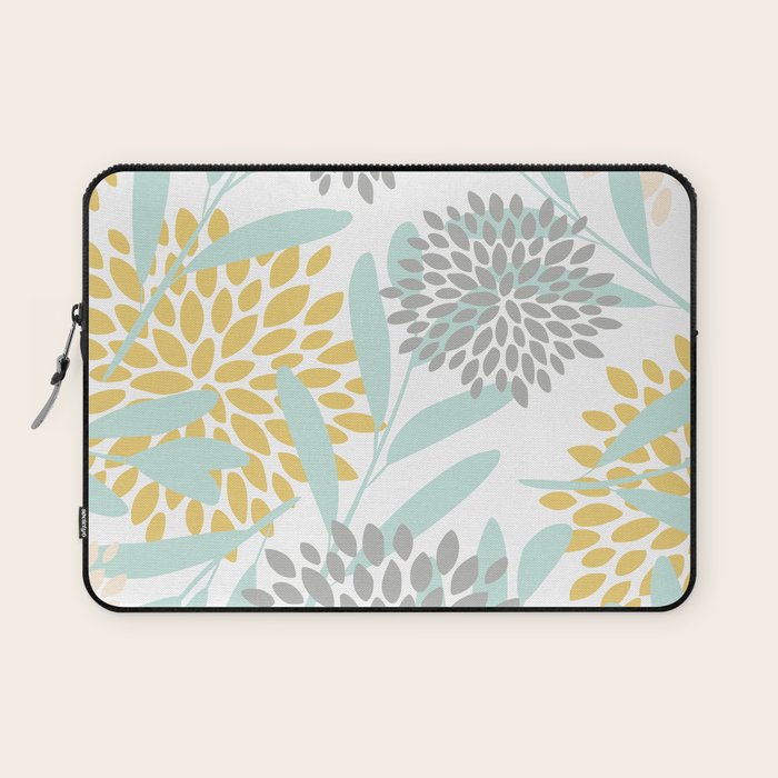 Floral Prints, Leaves and Blooms, Yellow, Gray and Aqua Laptop Sleeve Gallery Image 1