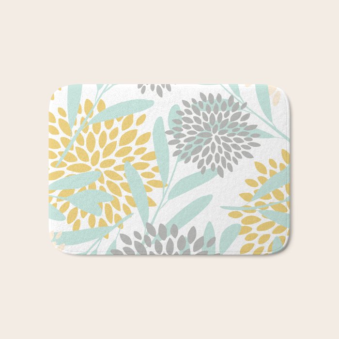 Floral Prints, Leaves and Blooms, Yellow, Gray and Aqua Bath Mat Gallery Image 1