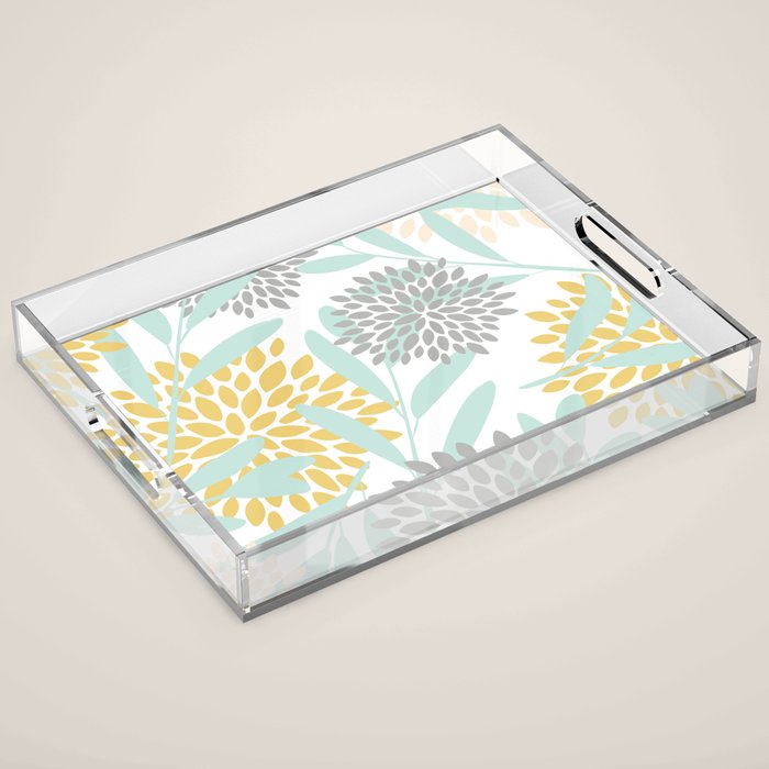 Floral Prints, Leaves and Blooms, Yellow, Gray and Aqua Acrylic Tray Gallery Image 1