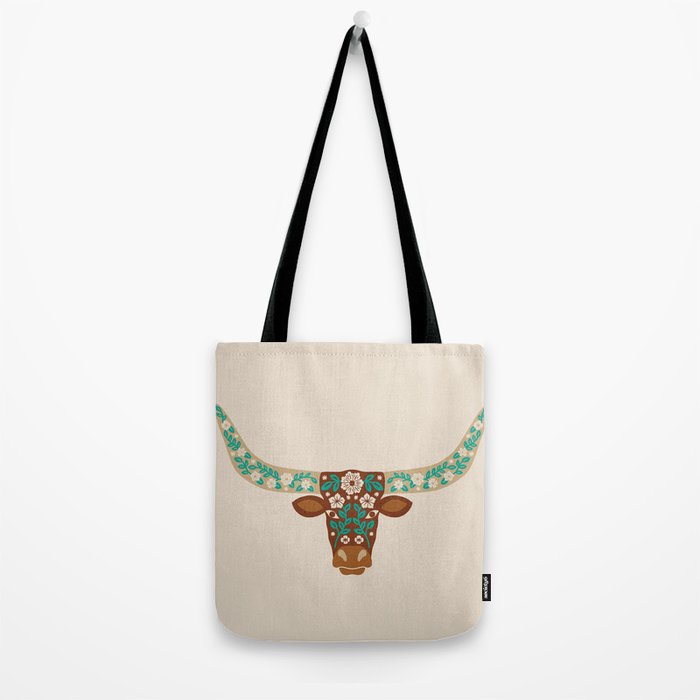 Floral Longhorn - Brown and Turquoise Tote Bag Gallery Image 2