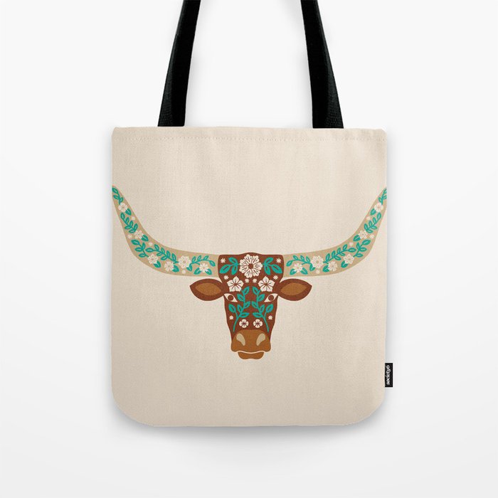Floral Longhorn - Brown and Turquoise Tote Bag Gallery Image 1