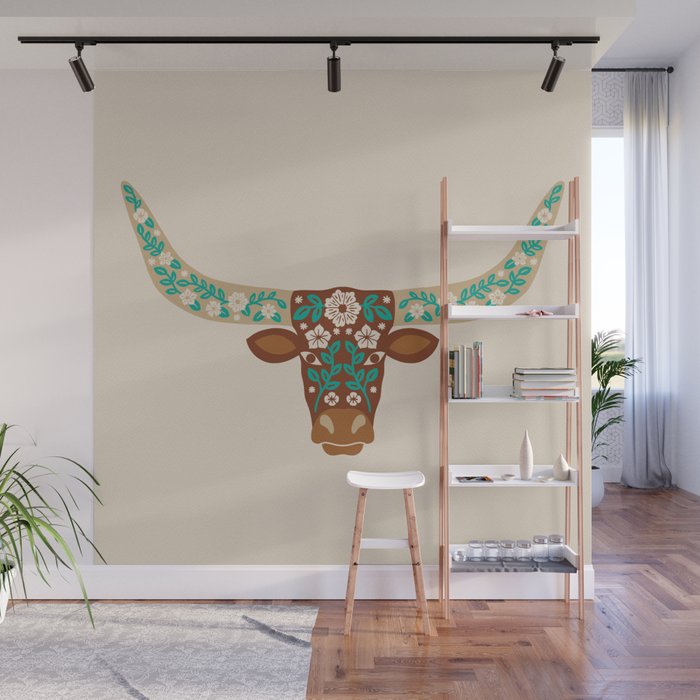 Floral Longhorn - Brown and Turquoise Wall Mural Gallery Image 1